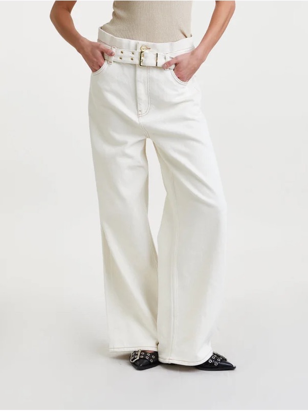 Ganni Heavy Denim Paperbag Wide Leg Jeans With Belt In Egret/ Ivory Size 27 Nwt